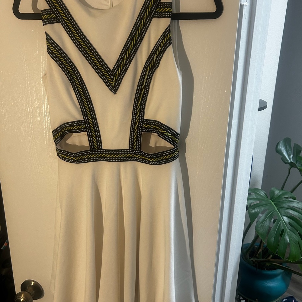 bebe Elegant White Dress with Black and Gold Trim